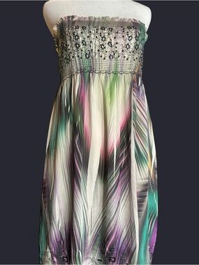 Lapis Strapless Feather-Print Smocked Dress in Teal, Purple & Pink